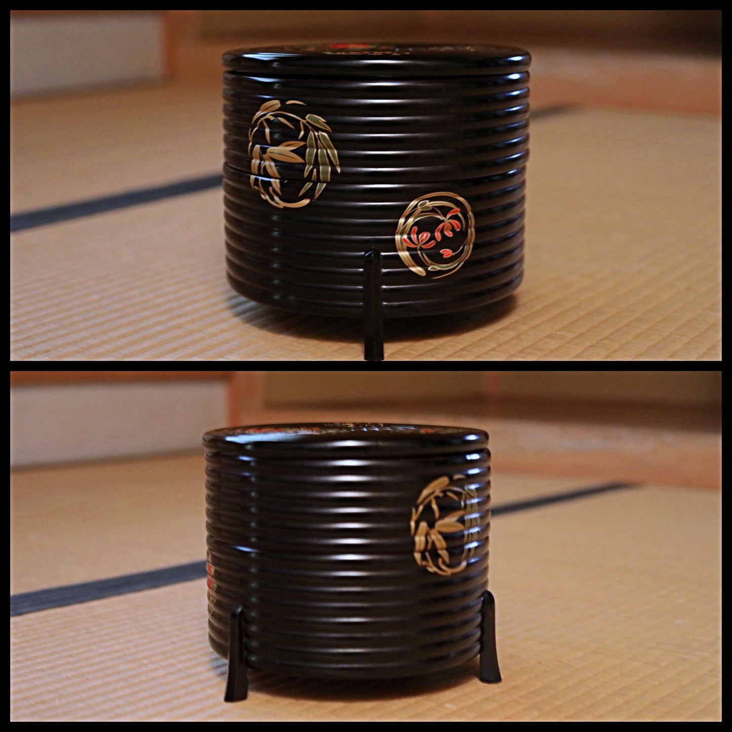 Japanese antique gold Jubako box with flower lacquer MAKIE black gold wooden two-tiered boxes round shape with wooden box W7.4in/W18.8cm