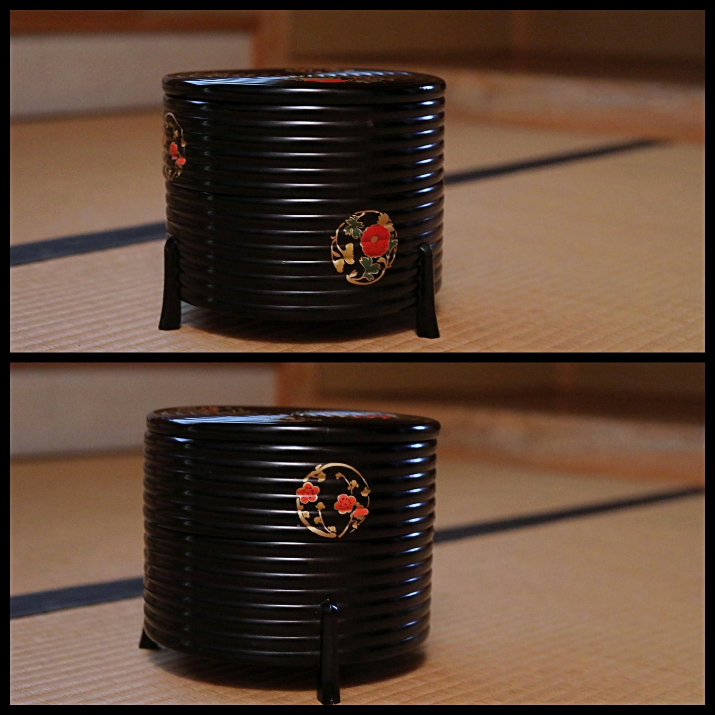 Japanese antique gold Jubako box with flower lacquer MAKIE black gold wooden two-tiered boxes round shape with wooden box W7.4in/W18.8cm