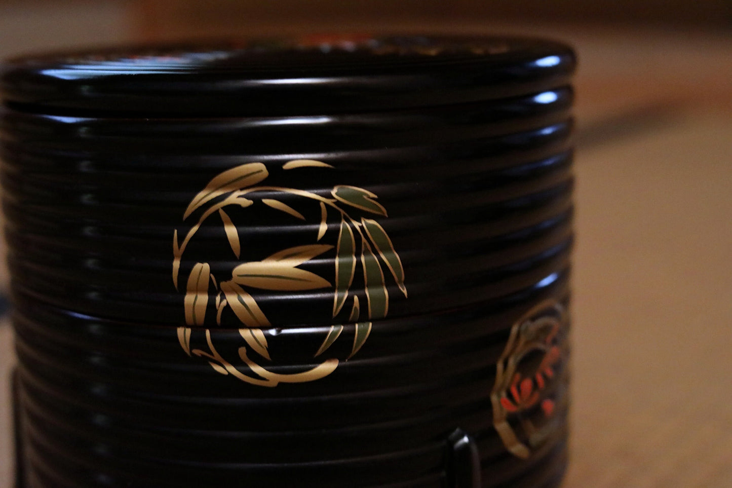 Japanese antique gold Jubako box with flower lacquer MAKIE black gold wooden two-tiered boxes round shape with wooden box W7.4in/W18.8cm