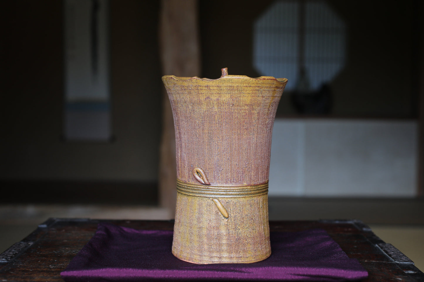 Japanese vintage Mizusashi jar with lid ceramic, kiln craft For Tea ceremony with Kanji signature Box H8.5 / 21.5cm
