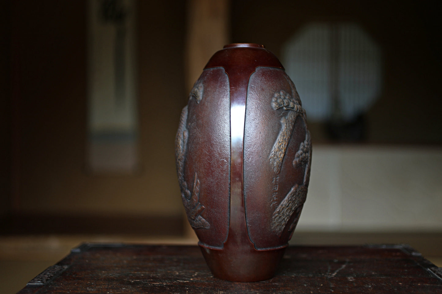 Japanese vintage 1950s bronze vase vase with relieves of Pine Trees and Eagle, lost wax art Takaoka, with Kanji signature H10.6in/H27cm