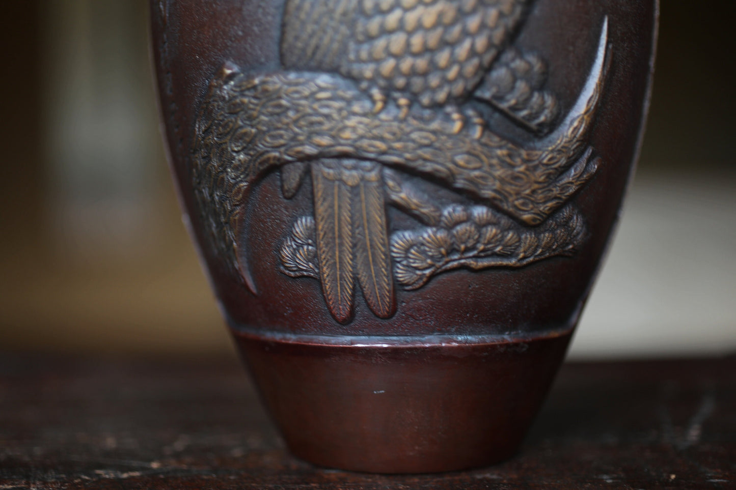 Japanese vintage 1950s bronze vase vase with relieves of Pine Trees and Eagle, lost wax art Takaoka, with Kanji signature H10.6in/H27cm