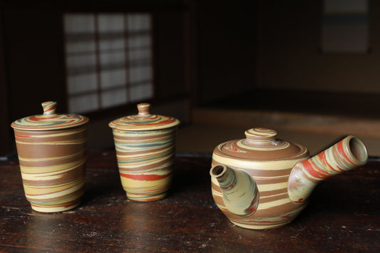 Japanese vintage ceramic marble color kiln tea set, pot, 2cups with 白山Kanji signature SENCHA tableware Tea ceremony for GIFT