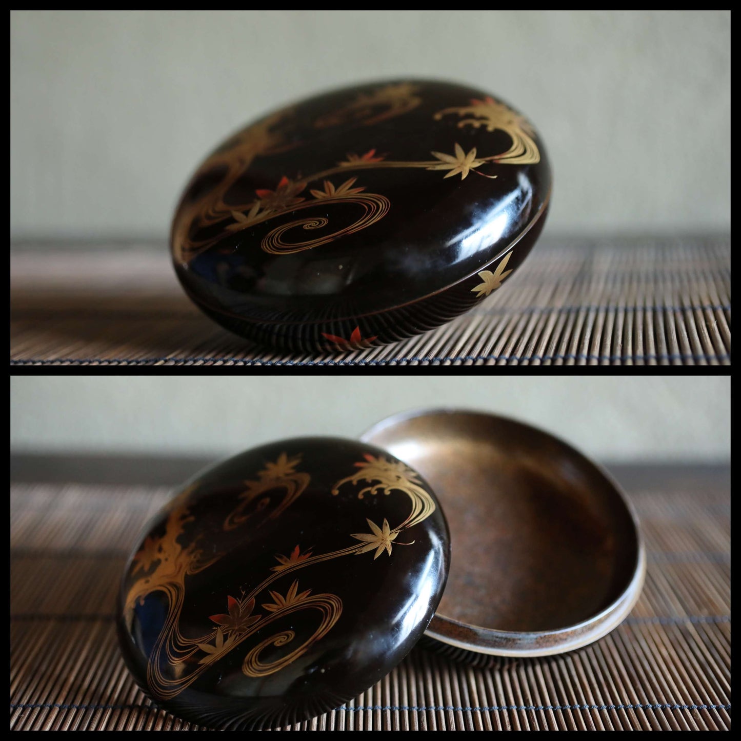 Japanese antique MAKIE fine lacquer incense holder with Rimpa's gold paintings of maple leaves and water, H1.9 x W 4.5in