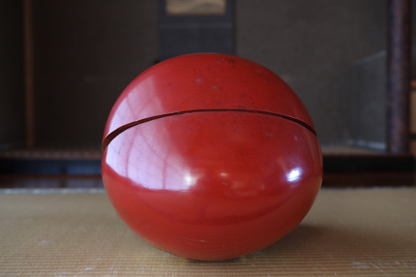 FINE! BIG! 1900s Antique Wooden Fish drum gong"mokugyo" from Buddhist temple stick set, red gold lacquer Chanting Musical Drum 16.1in/46cm