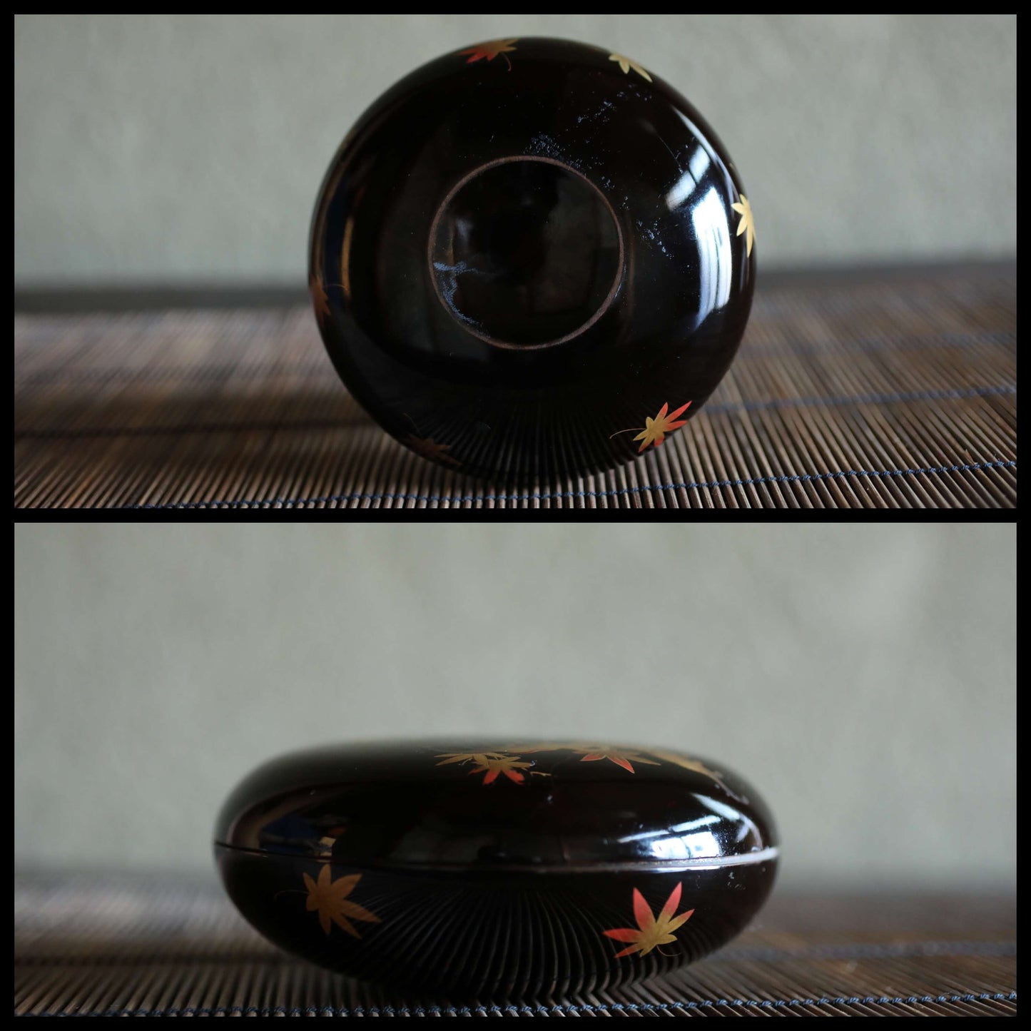 Japanese antique MAKIE fine lacquer incense holder with Rimpa's gold paintings of maple leaves and water, H1.9 x W 4.5in