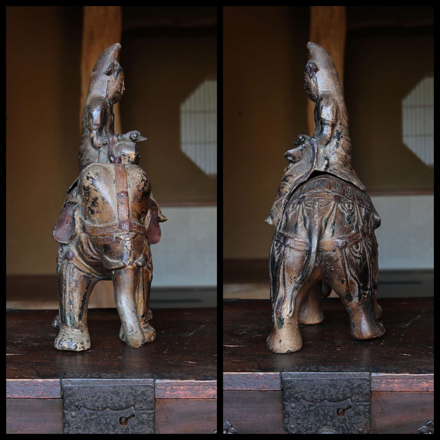 Large! Japanese 1800s Antique Bronze samantabhadra Buddhist statue Censer incense burner from temple Elephant and Kannon 1900s H15.7in/40cm