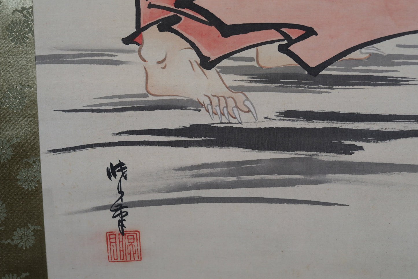 Japanese vintage hanging scroll,ZEN master Buddhist monk DARUMA hand painting with 暁月signature and seal, with box H75.6in/H192cm