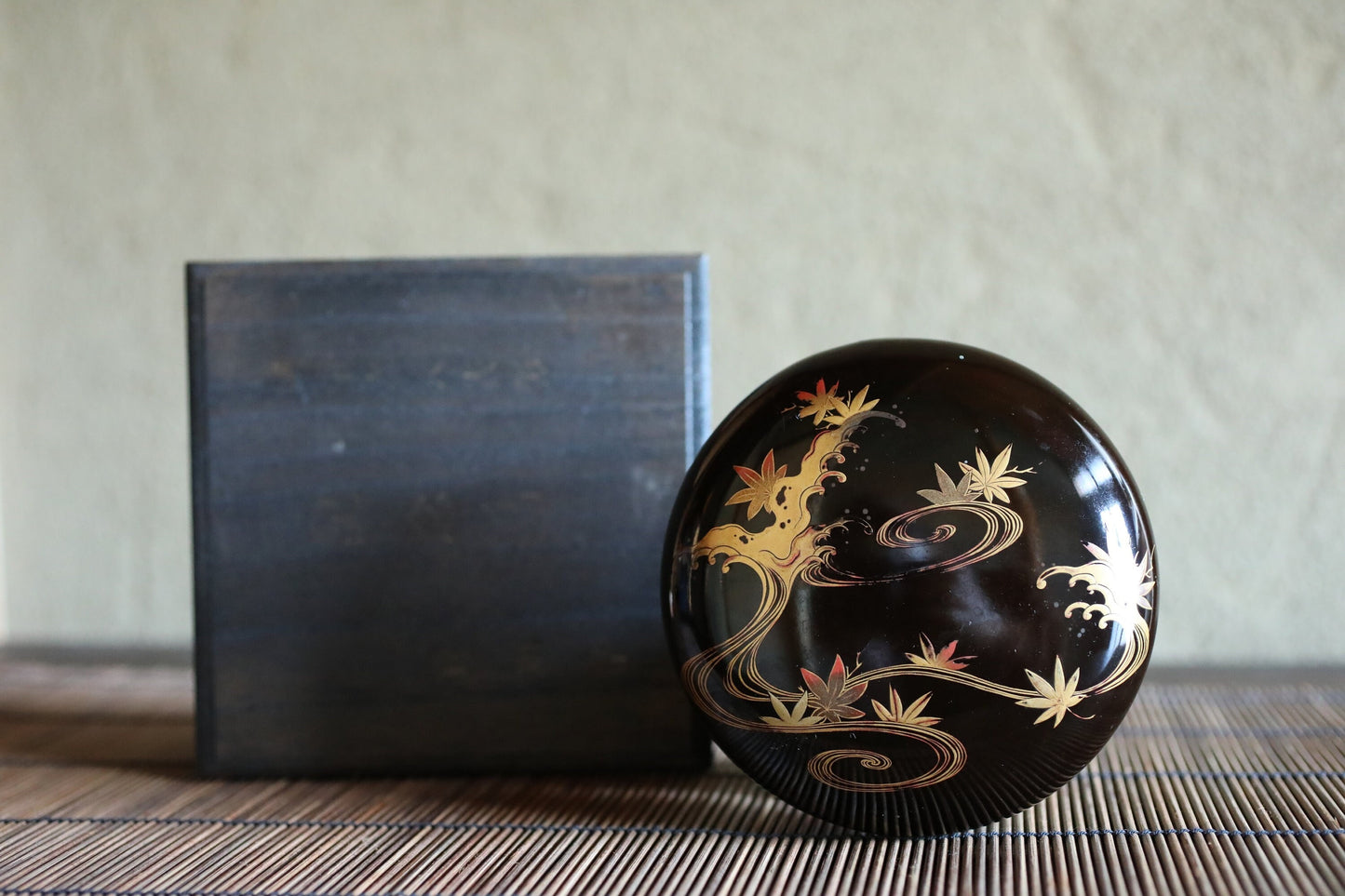 Japanese antique MAKIE fine lacquer incense holder with Rimpa's gold paintings of maple leaves and water, H1.9 x W 4.5in