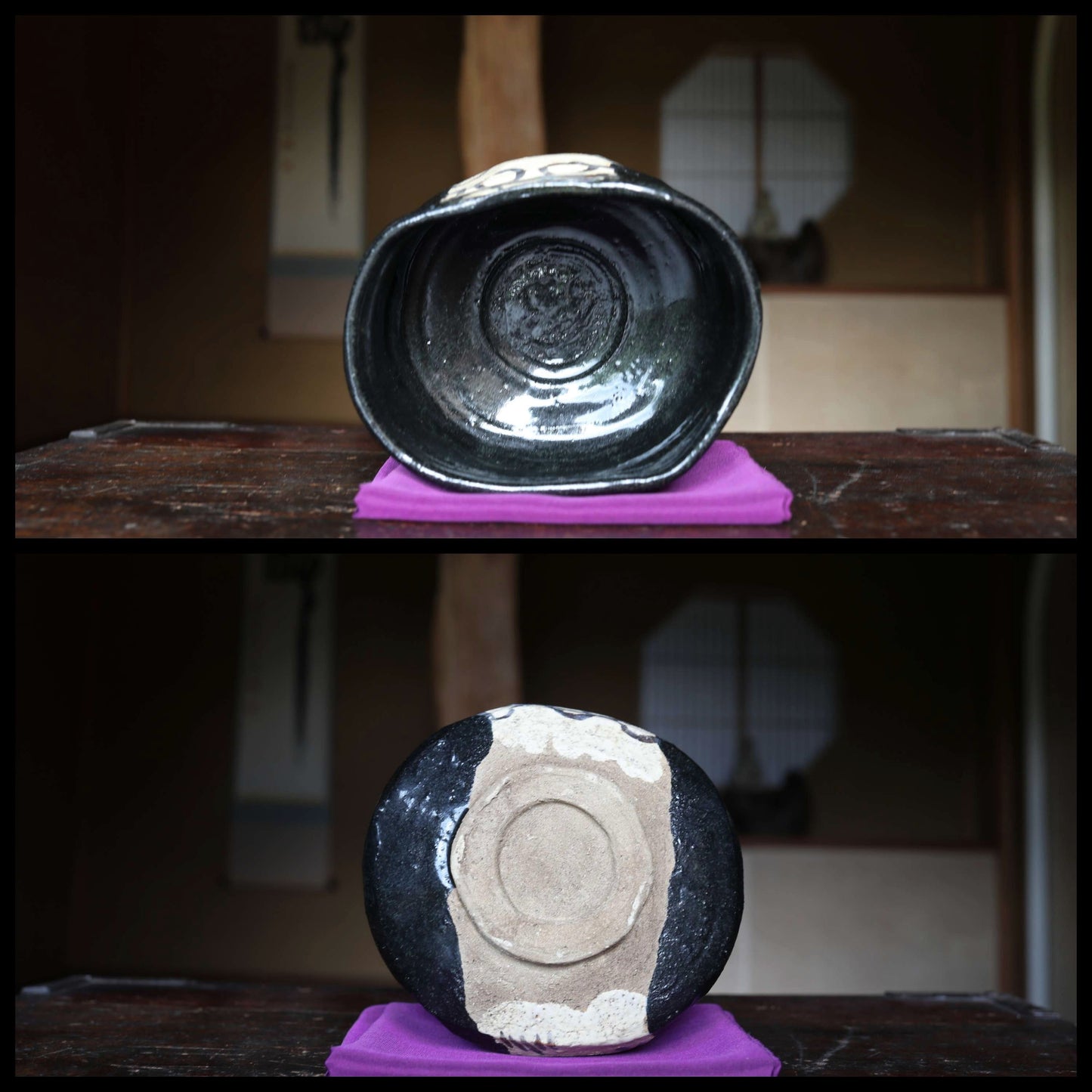 Fine green tea bowl Japanese antique CHAWAN black "ORIBE" ware handmade Matcha Tea Cup Tea Ceremony ceramic with porch box H2.9×5.5in