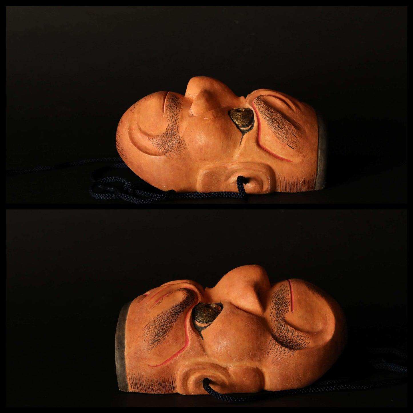 Japanese antique Noh mask demon wood carving 大癋見Obeshimi buddhist ornament statue with silk pouch /wooden craft sculpture H8.3in/H21cm