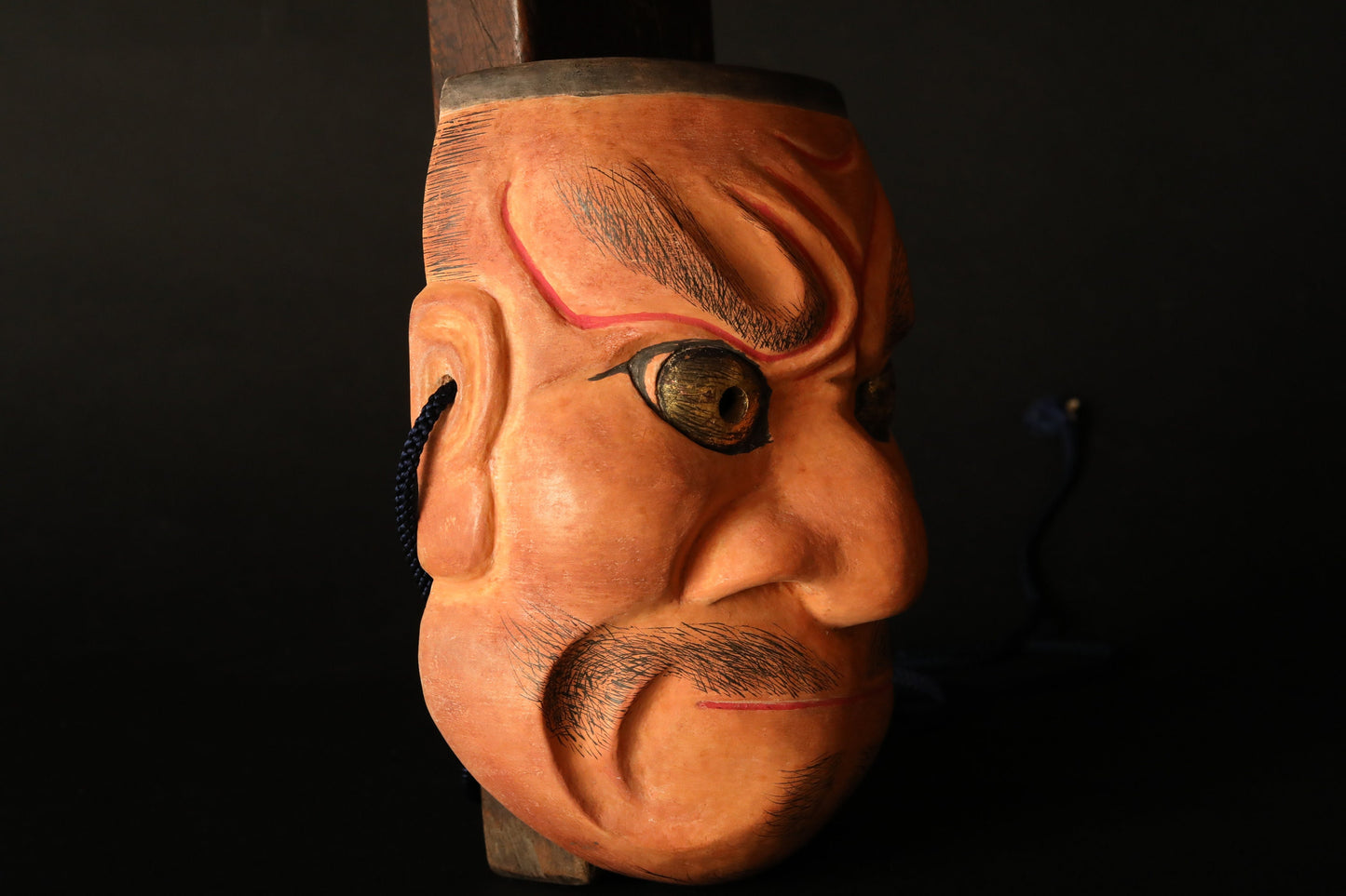 Japanese antique Noh mask demon wood carving 大癋見Obeshimi buddhist ornament statue with silk pouch /wooden craft sculpture H8.3in/H21cm