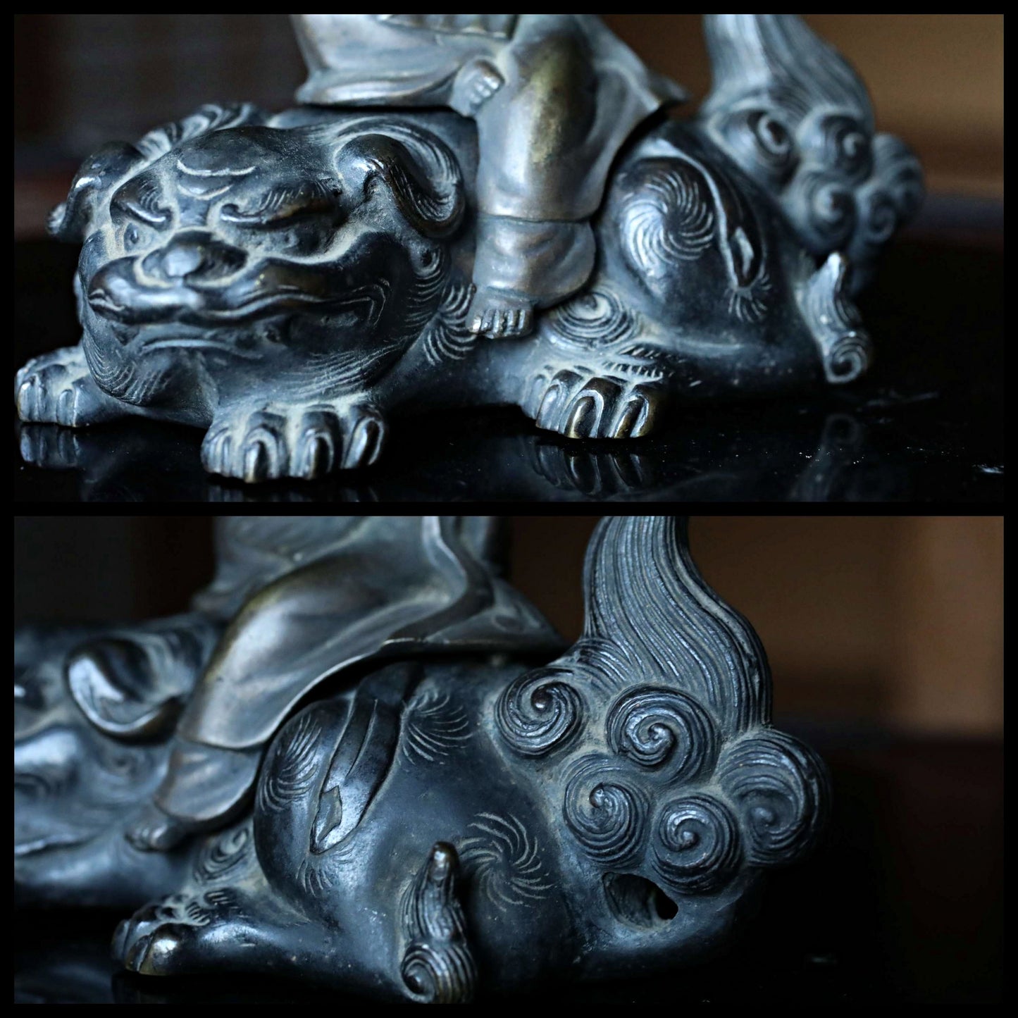 FINE! Japanese antique 1700s Bronze statue censer Koro Bodhisattva maiden shishi lion with wooden box, Incense burner H4.3in/H5.5cm