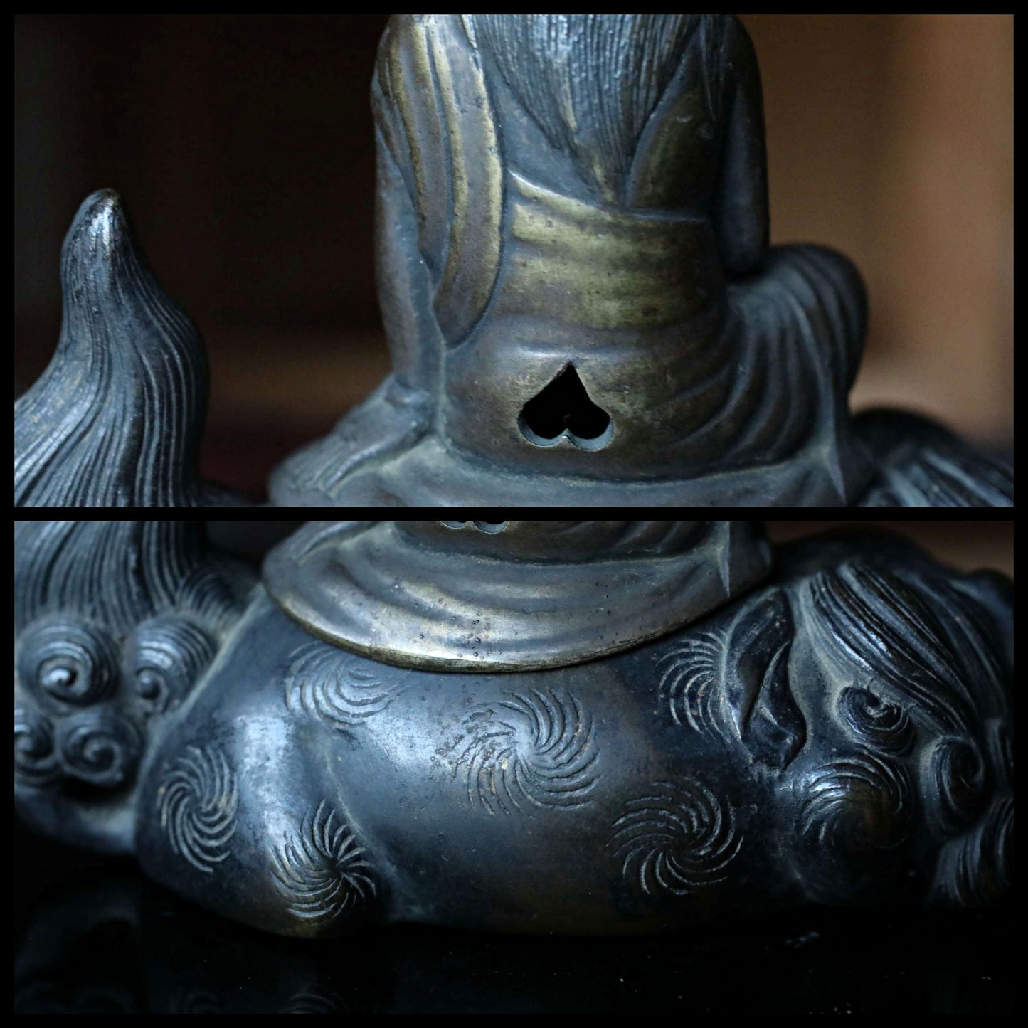 FINE! Japanese antique 1700s Bronze statue censer Koro Bodhisattva maiden shishi lion with wooden box, Incense burner H4.3in/H5.5cm