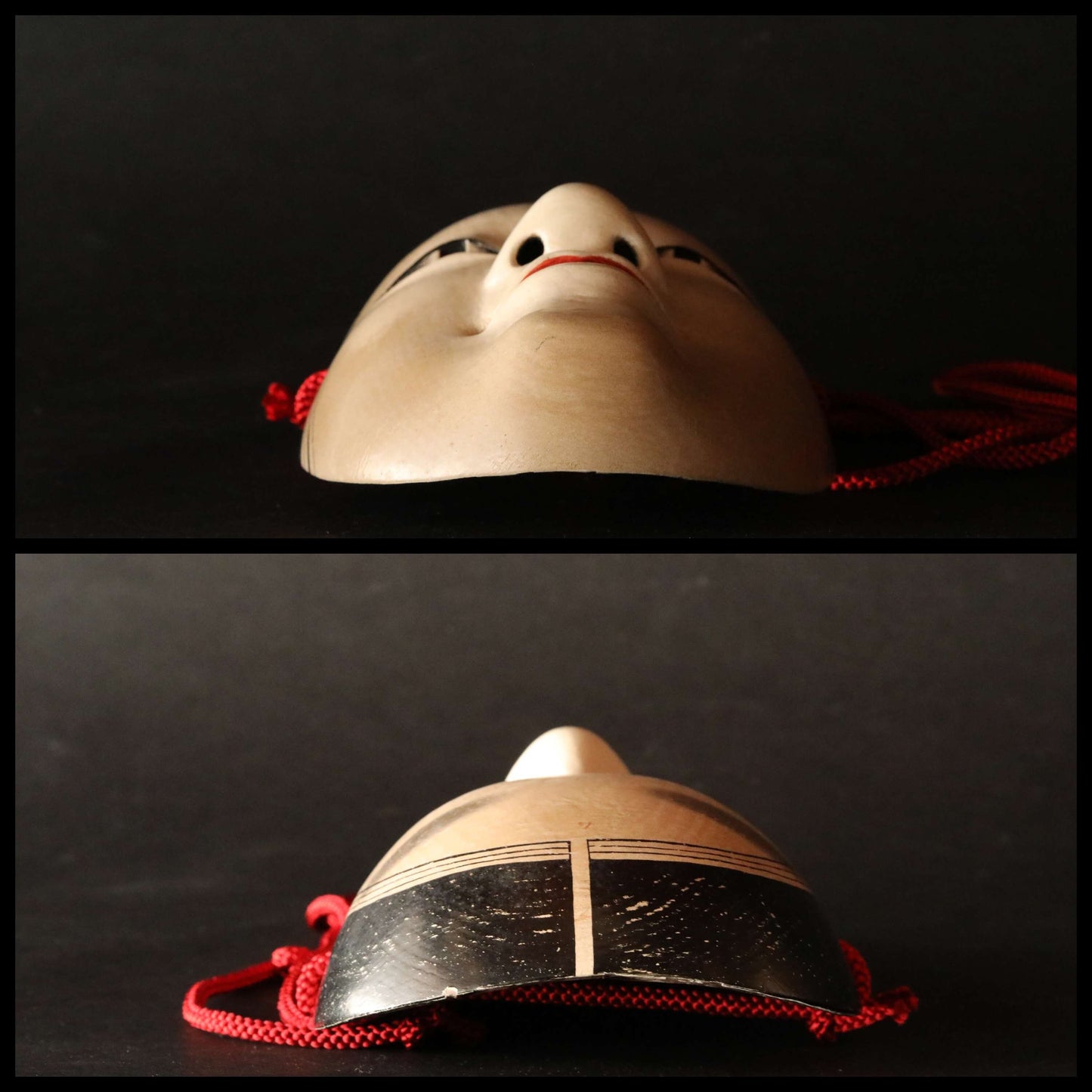 FINE! Japanese 1920s antique Noh mask wood hand carving KOOMOTE 万媚Manbi buddhist statue Signed with wooden box and silk bag H7.9in/H20cm