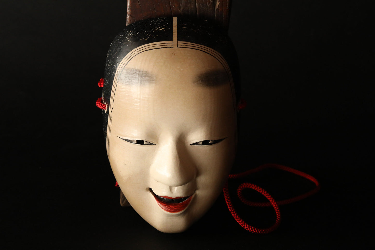 FINE! Japanese 1920s antique Noh mask wood hand carving KOOMOTE 万媚Manbi buddhist statue Signed with wooden box and silk bag H7.9in/H20cm