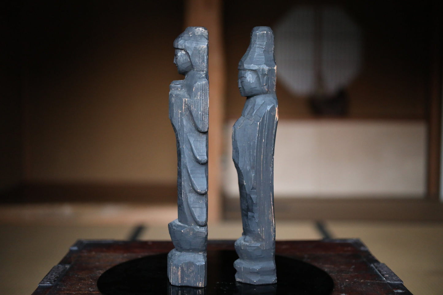 Japanese antique EDO 1800s Sun and Moon buddha statue by ENKU imitation monk wood hand carving sculpture temple, H13.2×2.8in/H33.5×7cm