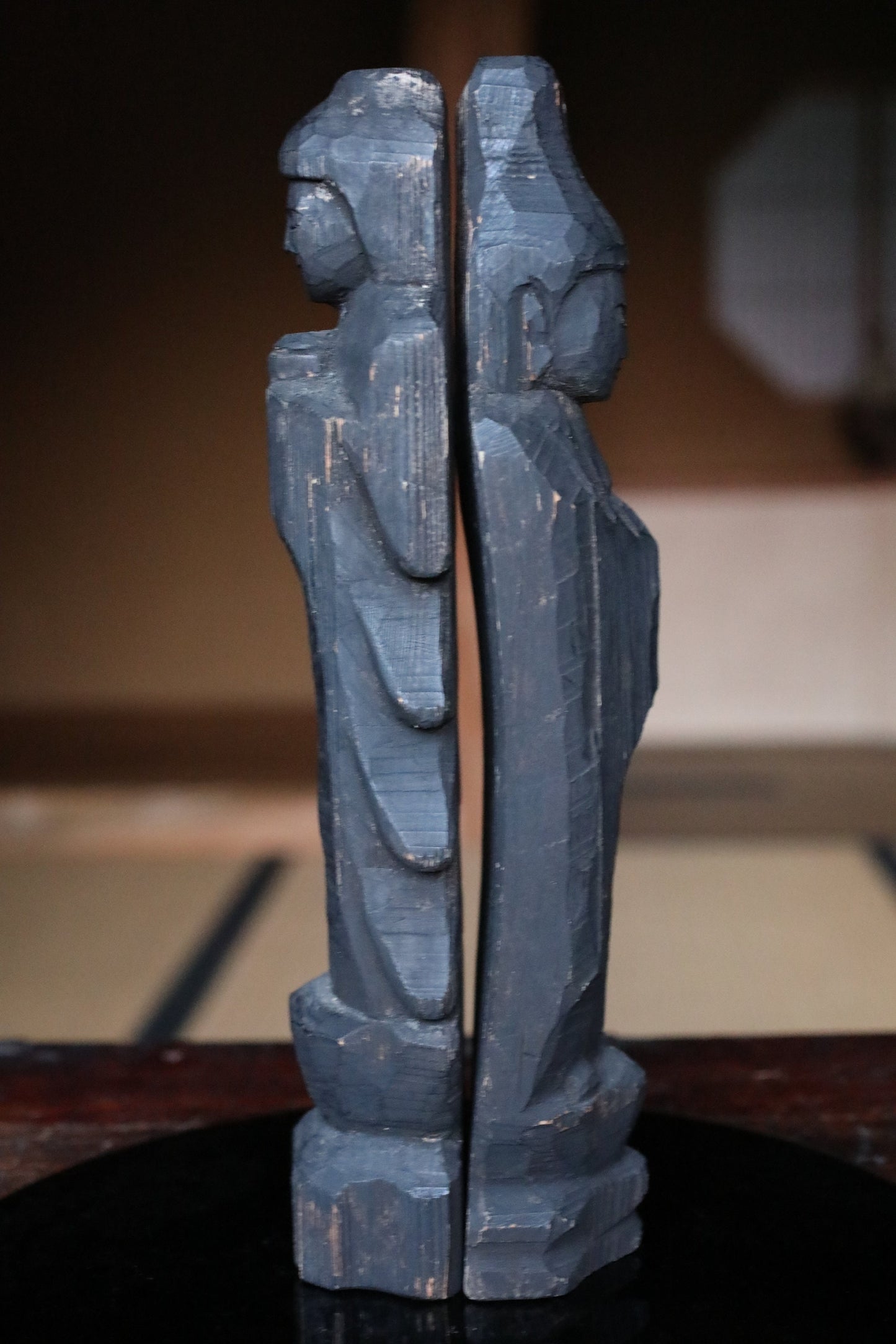 Japanese antique EDO 1800s Sun and Moon buddha statue by ENKU imitation monk wood hand carving sculpture temple, H13.2×2.8in/H33.5×7cm