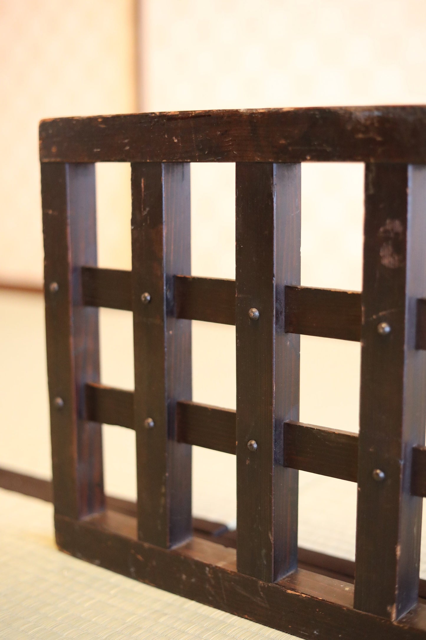 Japanese Furniture antique Wood lattice partition 帳場格子Cho-ba koushi, wooden folding screen, old wood deco,Edo 1800s, H14.2×71.3in/H36×181cm