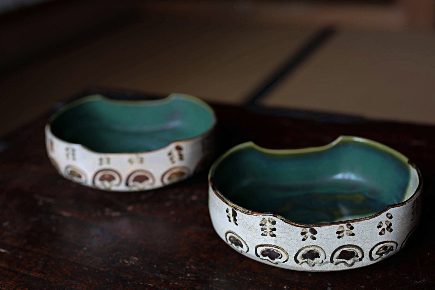 Japanese old ceramic antique ORIBE master pair bowl dish, Tea ceremony minimalist abstract 1930s kiln art craft W5.1in/W13cm
