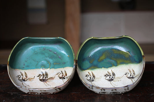 Japanese old ceramic antique ORIBE master pair bowl dish, Tea ceremony minimalist abstract 1930s kiln art craft W5.1in/W13cm