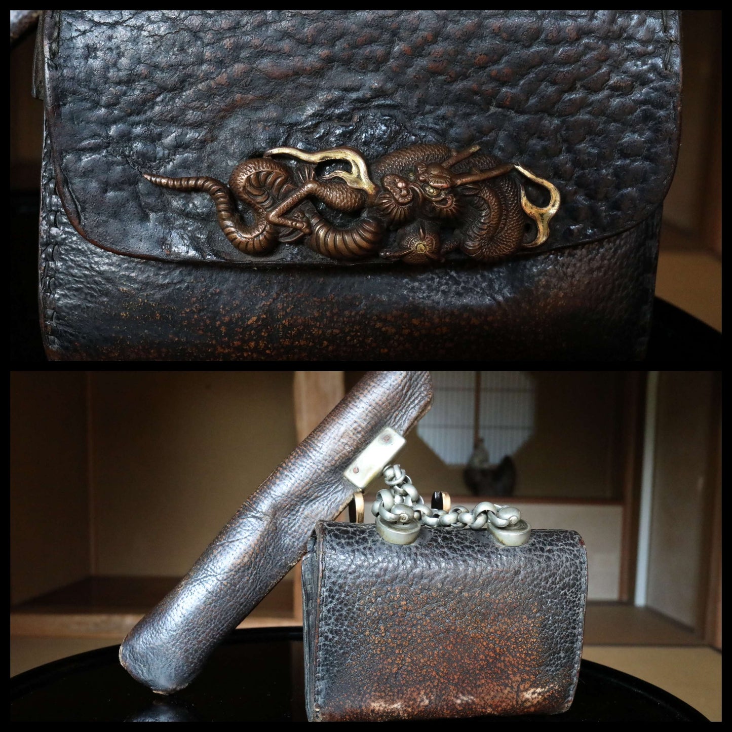 FINE! RARE! Japanese antique Edo 1600s Big tobacco smoking pipe Silver Brass with Dragon case Metal engraving KISERU craft 11.8in/30cm