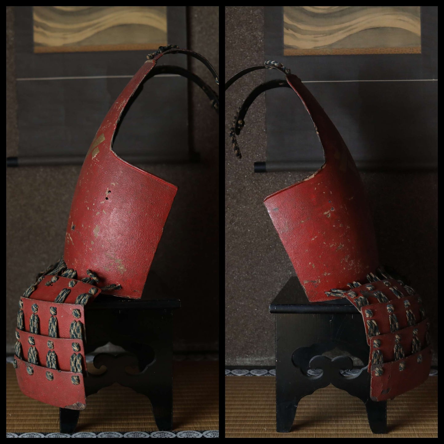 FINE!! Japanese antique 1700s Samurai armor 鎧 Yoroi torso red lacquer urushi with Gold family crest stand set original Japan historical Edo