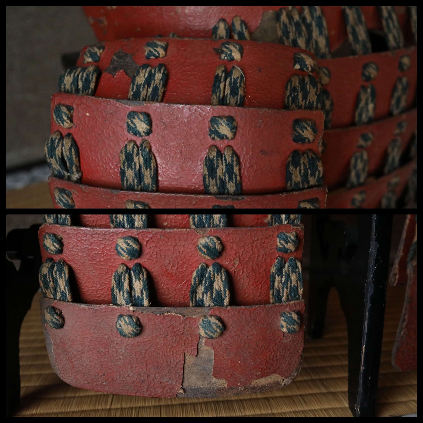 FINE!! Japanese antique 1700s Samurai armor 鎧 Yoroi torso red lacquer urushi with Gold family crest stand set original Japan historical Edo