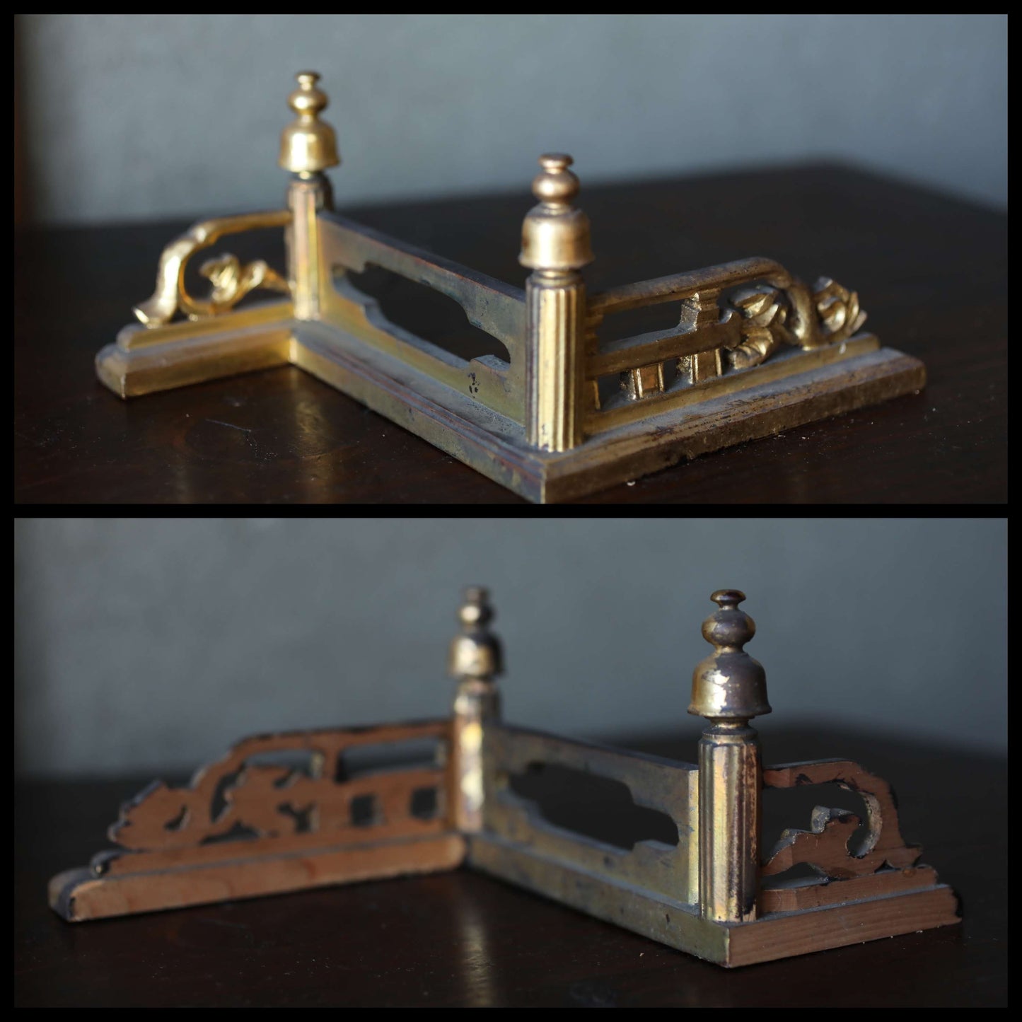 Japanese antique 1910s Buddhist altar Parts pair of Small boundaries fences, antique Wood lacquer gold, furniture H3.5×W7.7in/9×19.5cm