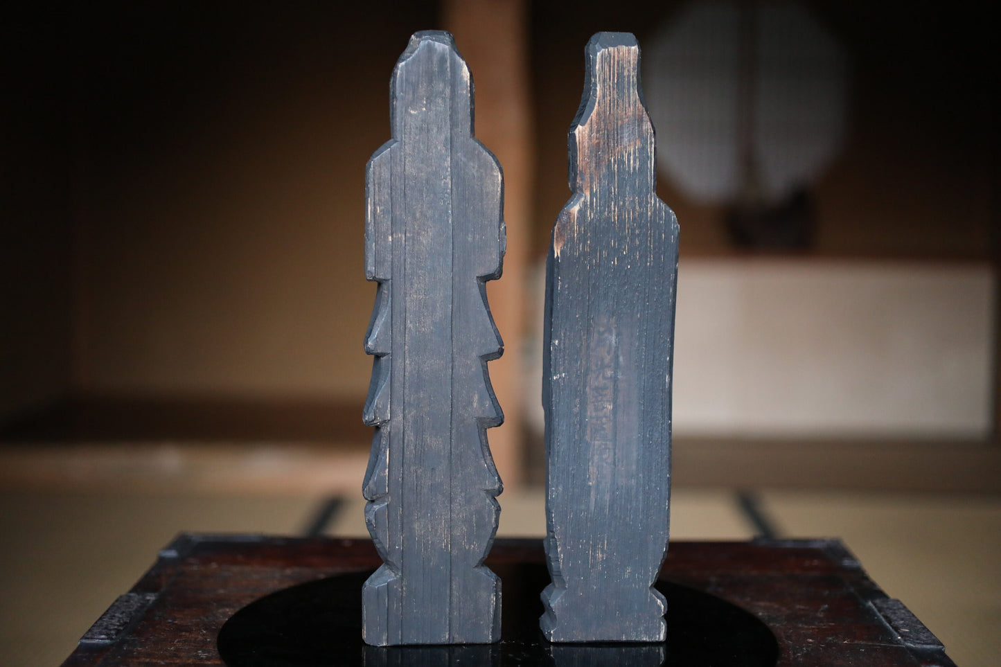 Japanese antique EDO 1800s Sun and Moon buddha statue by ENKU imitation monk wood hand carving sculpture temple, H13.2×2.8in/H33.5×7cm
