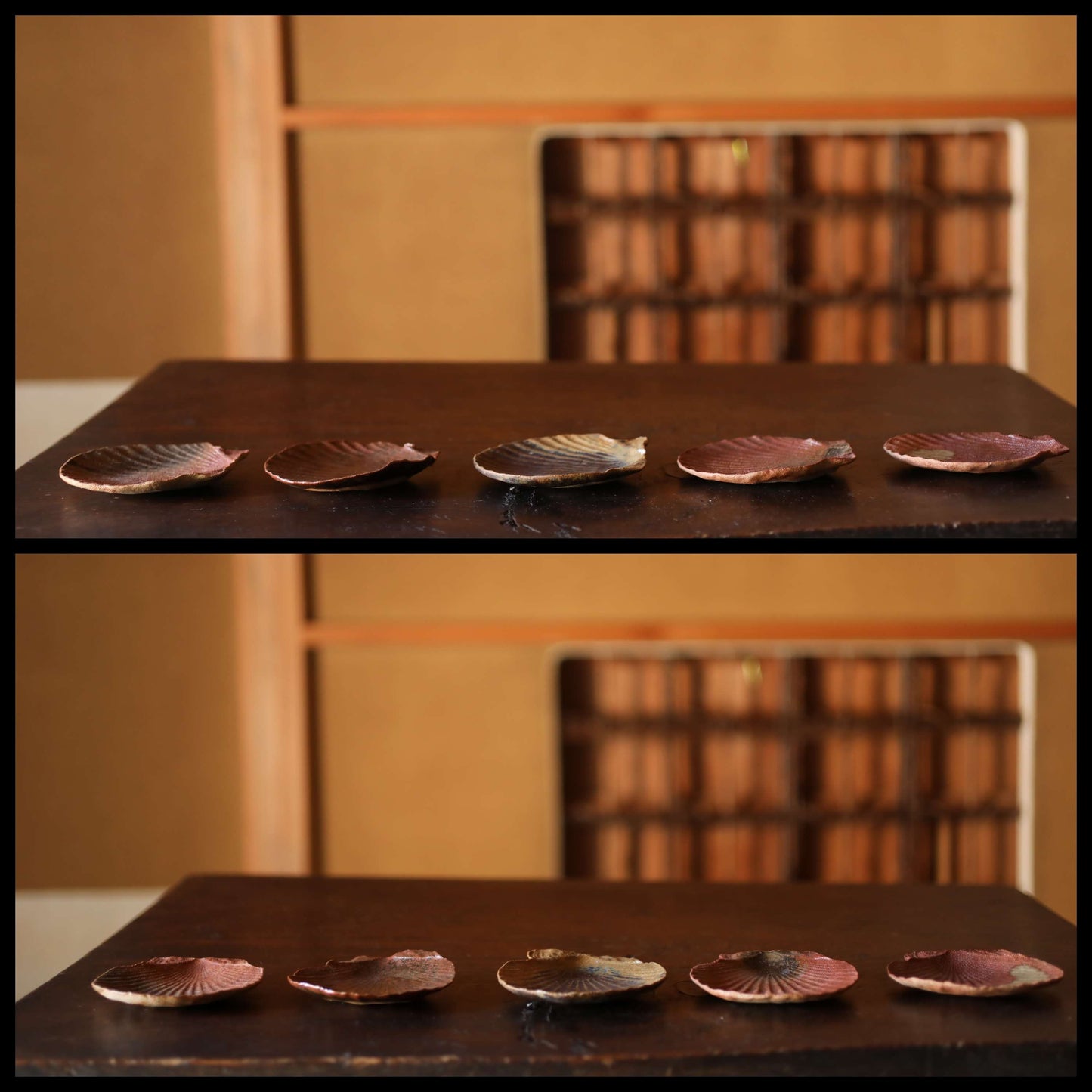 Set of 5 five small plate Japanese chopstick rest 備前 BIZEN kiln ware shell-shaped dishes earth tone color Nunome Fabric Surface 3.5in/9cm