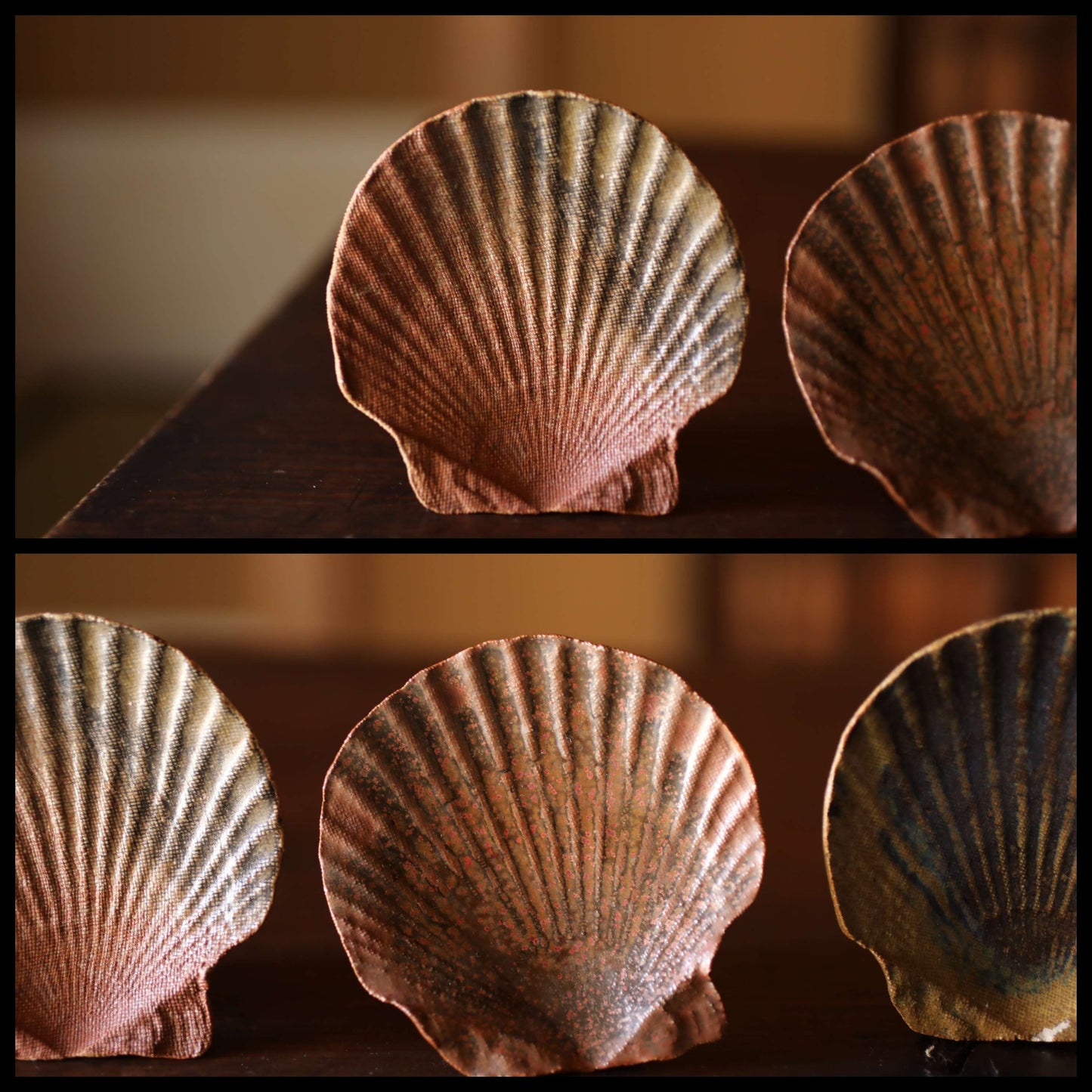 Set of 5 five small plate Japanese chopstick rest 備前 BIZEN kiln ware shell-shaped dishes earth tone color Nunome Fabric Surface 3.5in/9cm