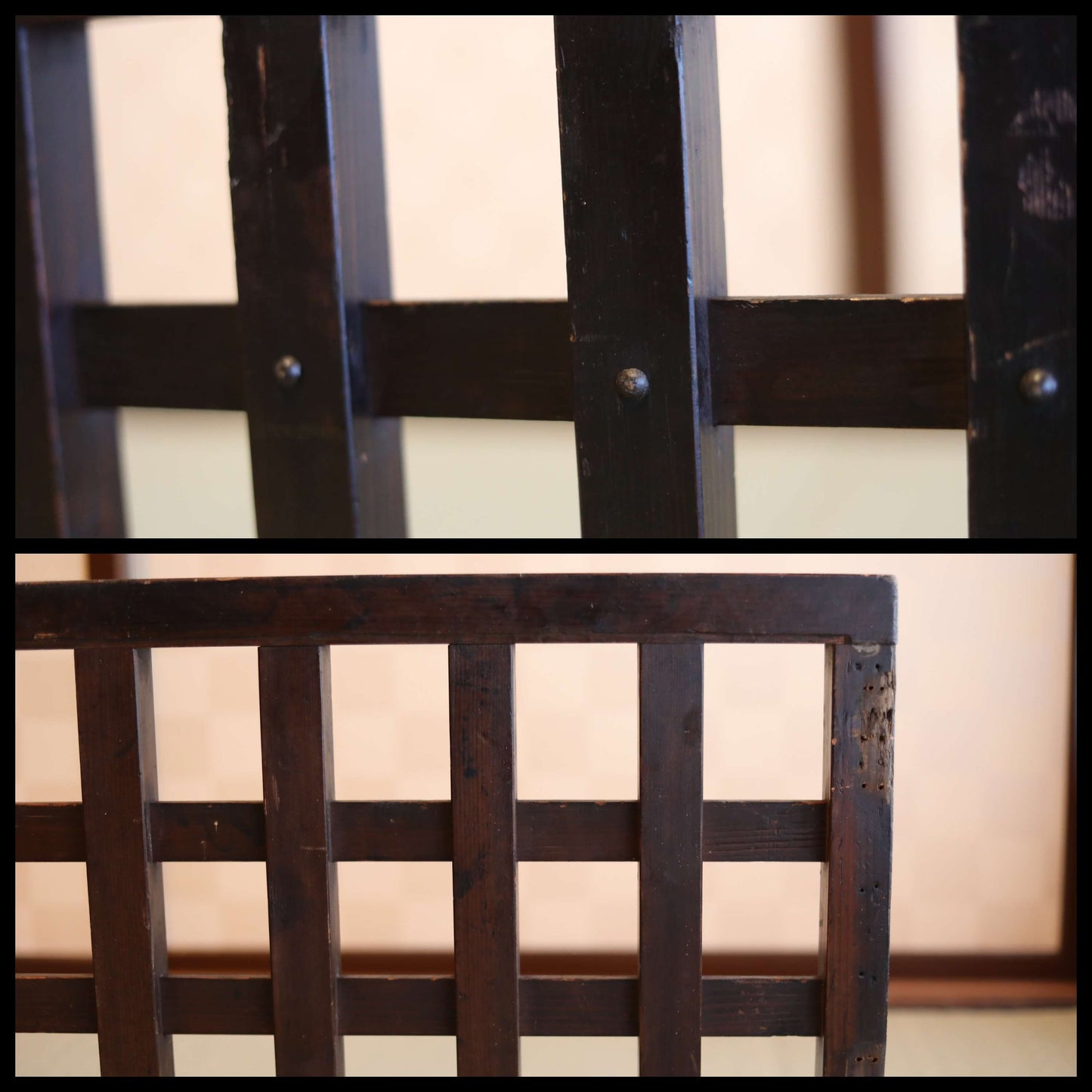 Japanese Furniture antique Wood lattice partition 帳場格子Cho-ba koushi, wooden folding screen, old wood deco,Edo 1800s, H14.2×71.3in/H36×181cm