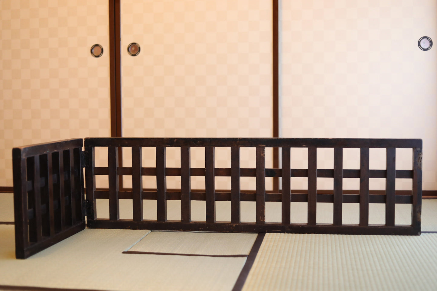 Japanese Furniture antique Wood lattice partition 帳場格子Cho-ba koushi, wooden folding screen, old wood deco,Edo 1800s, H14.2×71.3in/H36×181cm