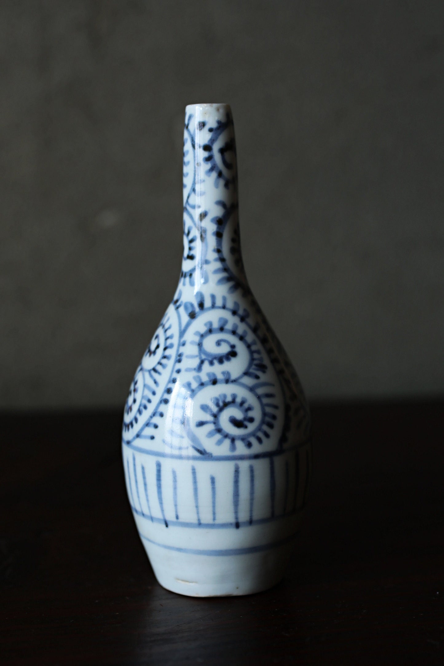 Japanese antique 1800s EDO small vase porcelain SAKE bottle old IMARI with arabesque pattern hand painting Sometsuke H6.1in/H15.5cm