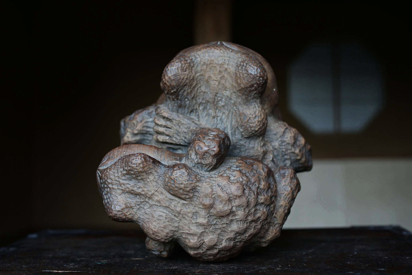 Rural Japanese vintage wooden Kaeru frog sculpture, Kibori art craft hand carving sculpture ,wood animal doll 1960s H8.3×8.7in/H21×22cm