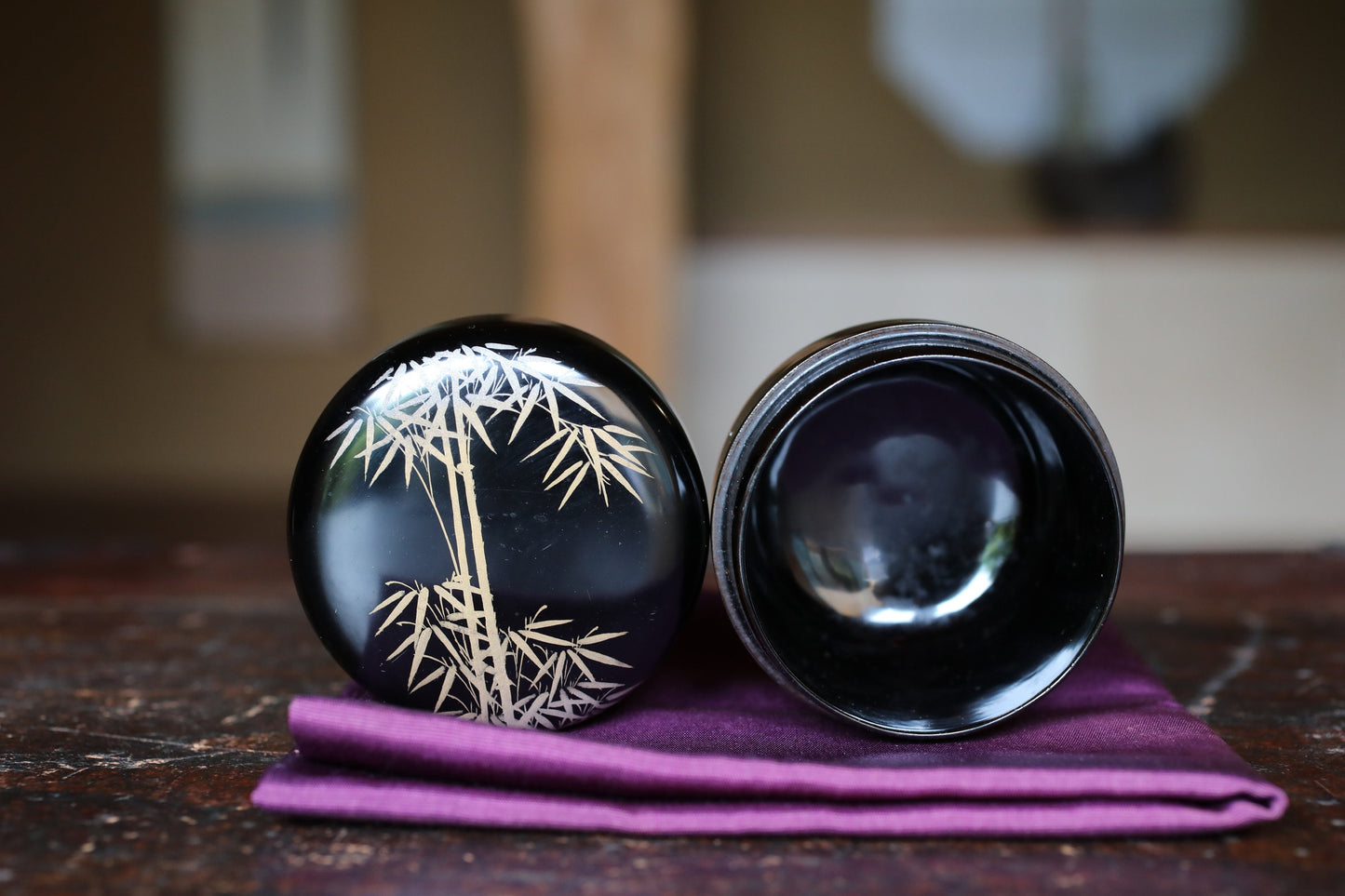 Japanese antique "matcha" green tea caddy with gold makie bamboo, "棗 natsume", for tea ceremony, wooden lacquer, H2.6x2.6in