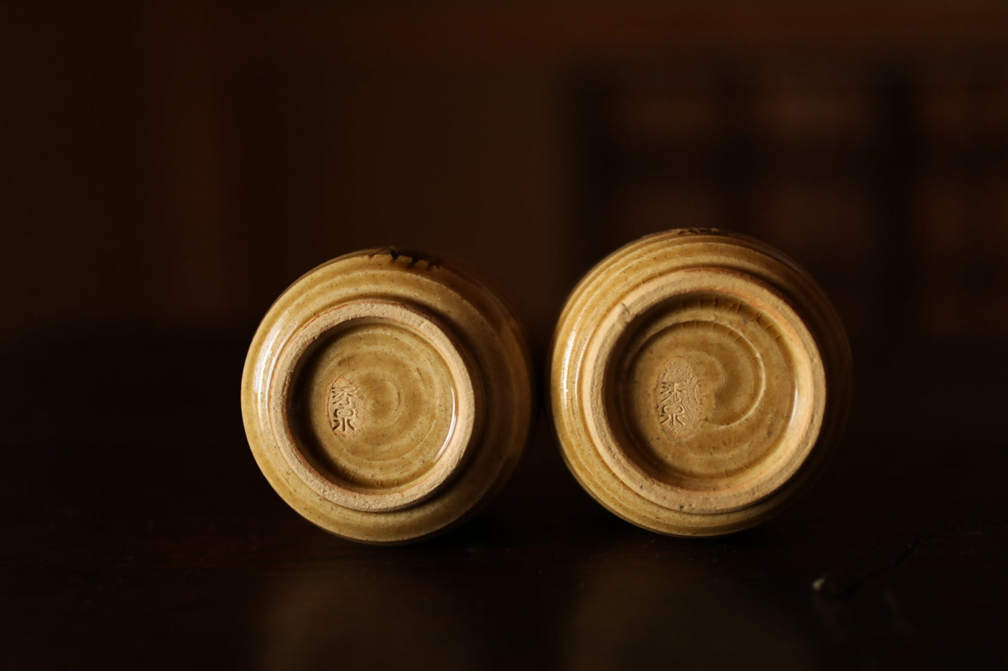 Pair couple Tea Cup Japanese vintage ceramic KISETO kiln ware, plant simple design, with Kanji wooden box For GIFT H2.8in/H7.1cm