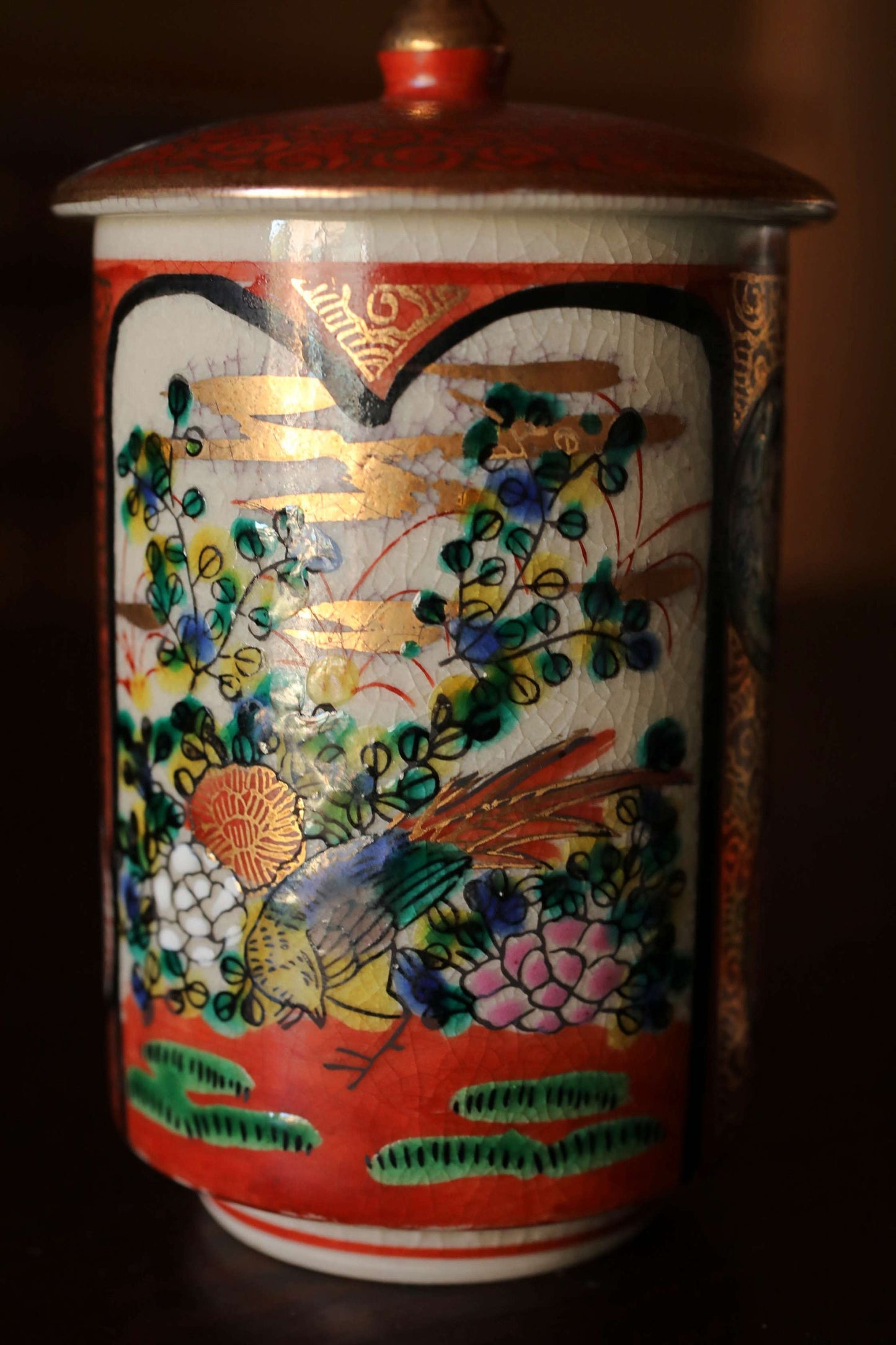 Pair lidded Tea Cup Japanese old Kutani antiques porcelain Gold, Tea Covered Cup, beautiful hand painting of flowers, Immortals H4.3in