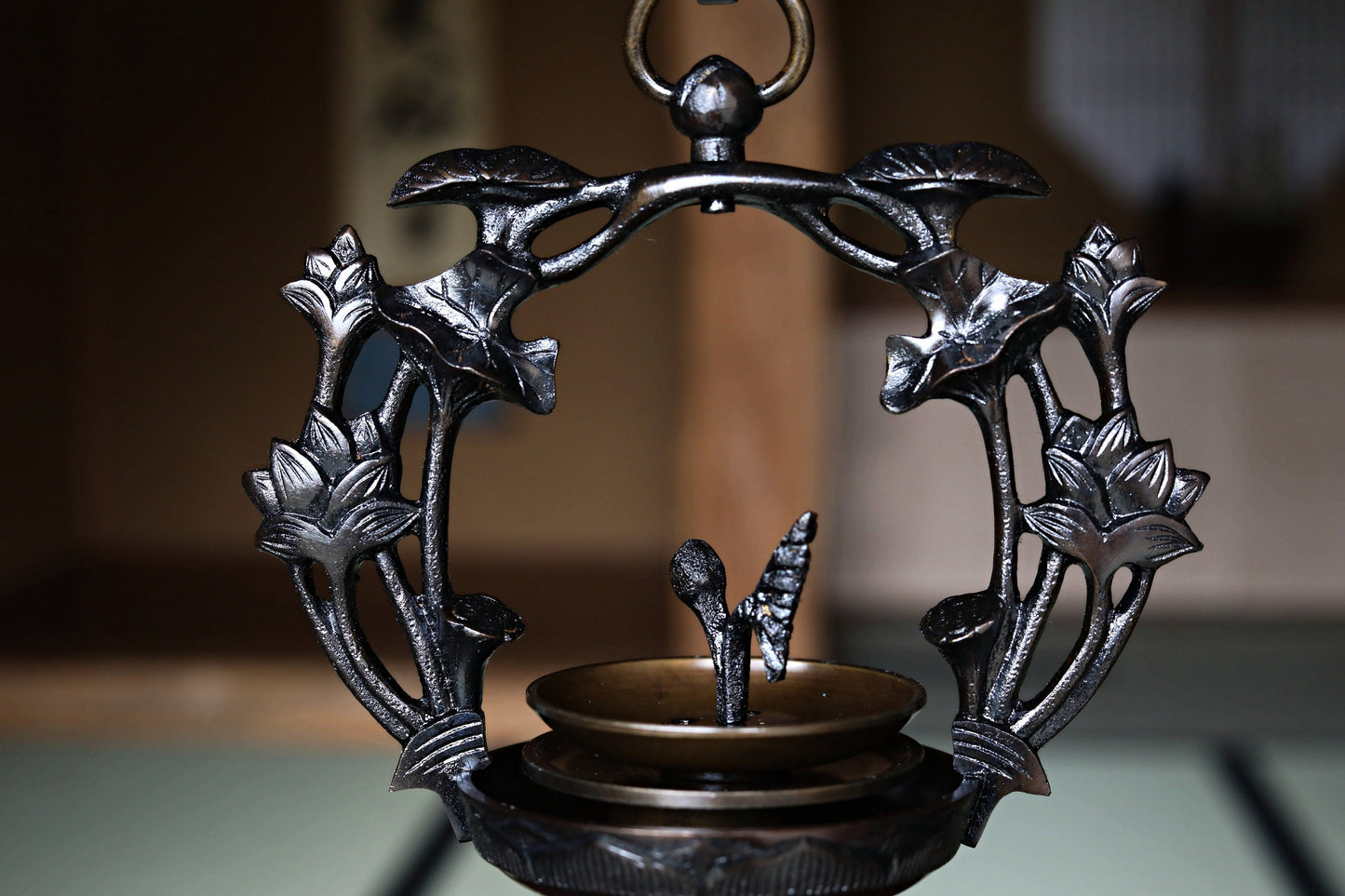 Japanese vintage bronze Pair of buddhist altar hanging lantern Candlestick Candle holder from temple lotus flower design H17.9in/H45.5cm