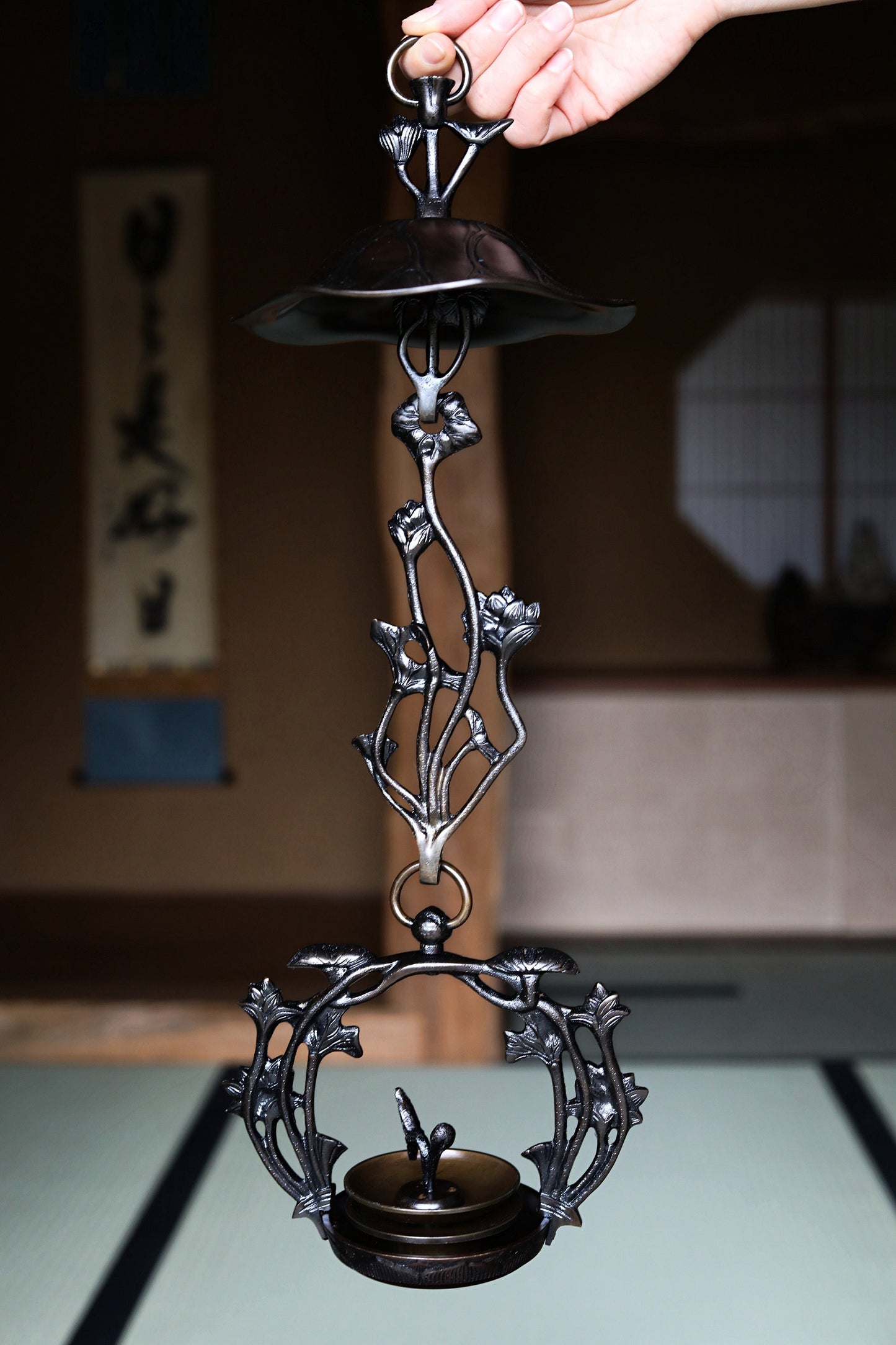 Japanese vintage bronze Pair of buddhist altar hanging lantern Candlestick Candle holder from temple lotus flower design H17.9in/H45.5cm