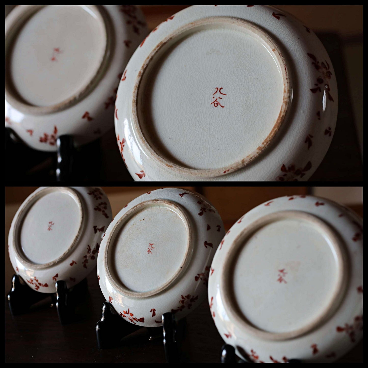 FINE! 1800s Meiji-Edo Set of 5 Japanese antique small plates porcelain dishes, beautiful Silver and Red Kutani Seven Hermits 4.9in/12.5cm