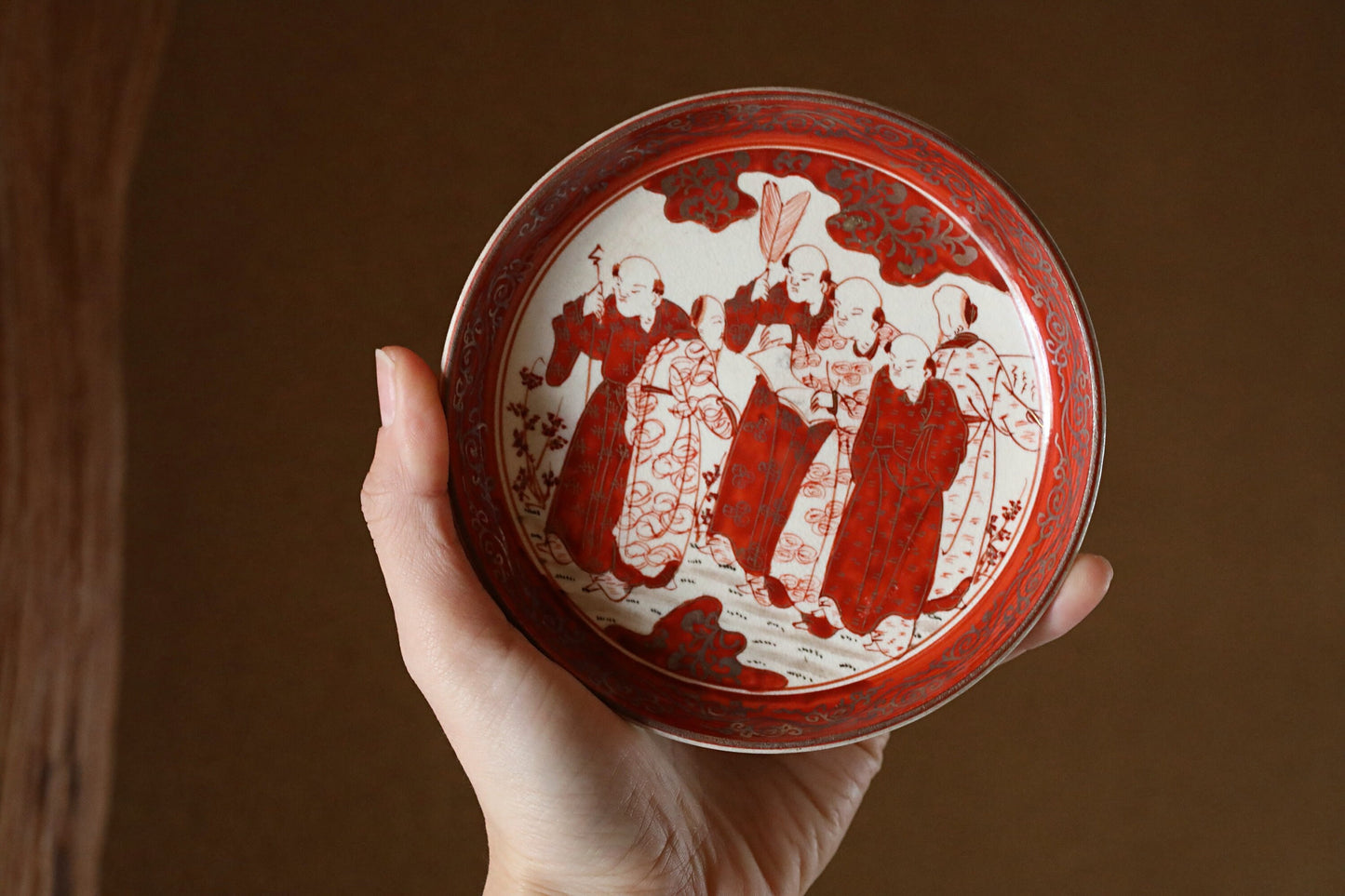 FINE! 1800s Meiji-Edo Set of 5 Japanese antique small plates porcelain dishes, beautiful Silver and Red Kutani Seven Hermits 4.9in/12.5cm
