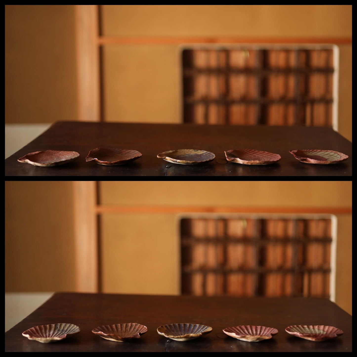 Set of 5 five small plate Japanese chopstick rest 備前 BIZEN kiln ware shell-shaped dishes earth tone color Nunome Fabric Surface 3.5in/9cm