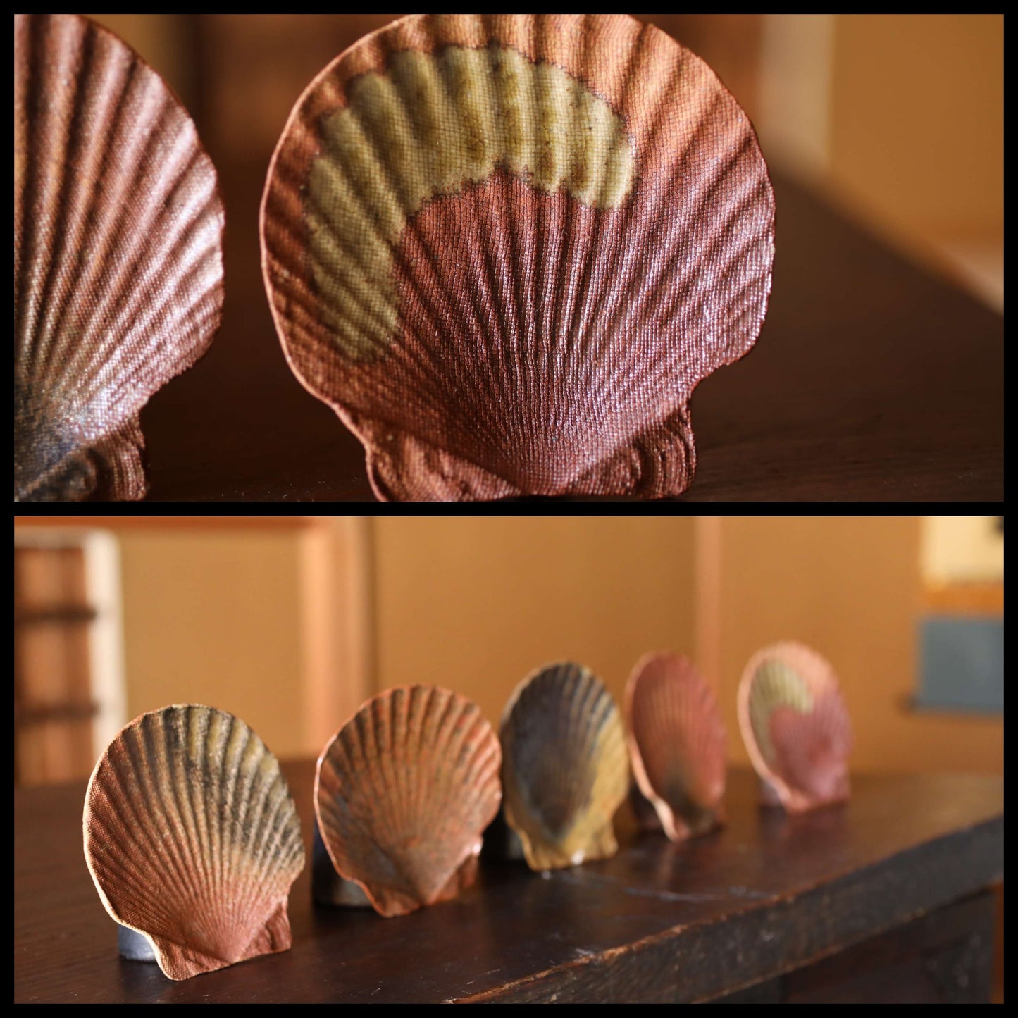 Set of 5 five small plate Japanese chopstick rest 備前 BIZEN kiln ware shell-shaped dishes earth tone color Nunome Fabric Surface 3.5in/9cm