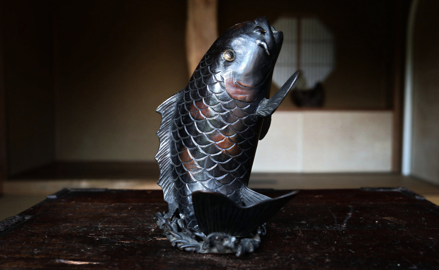 FINE! RARE! Japanese garden furniture faucet fountain antique Bronze carp sculpture Buddhist temple shrine Ready to use H7.9in/H20cm