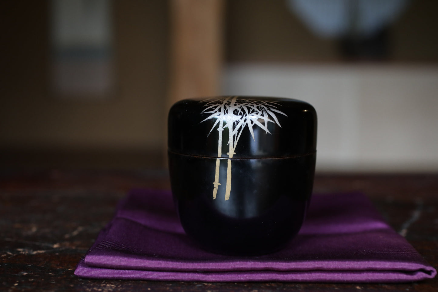 Japanese antique "matcha" green tea caddy with gold makie bamboo, "棗 natsume", for tea ceremony, wooden lacquer, H2.6x2.6in