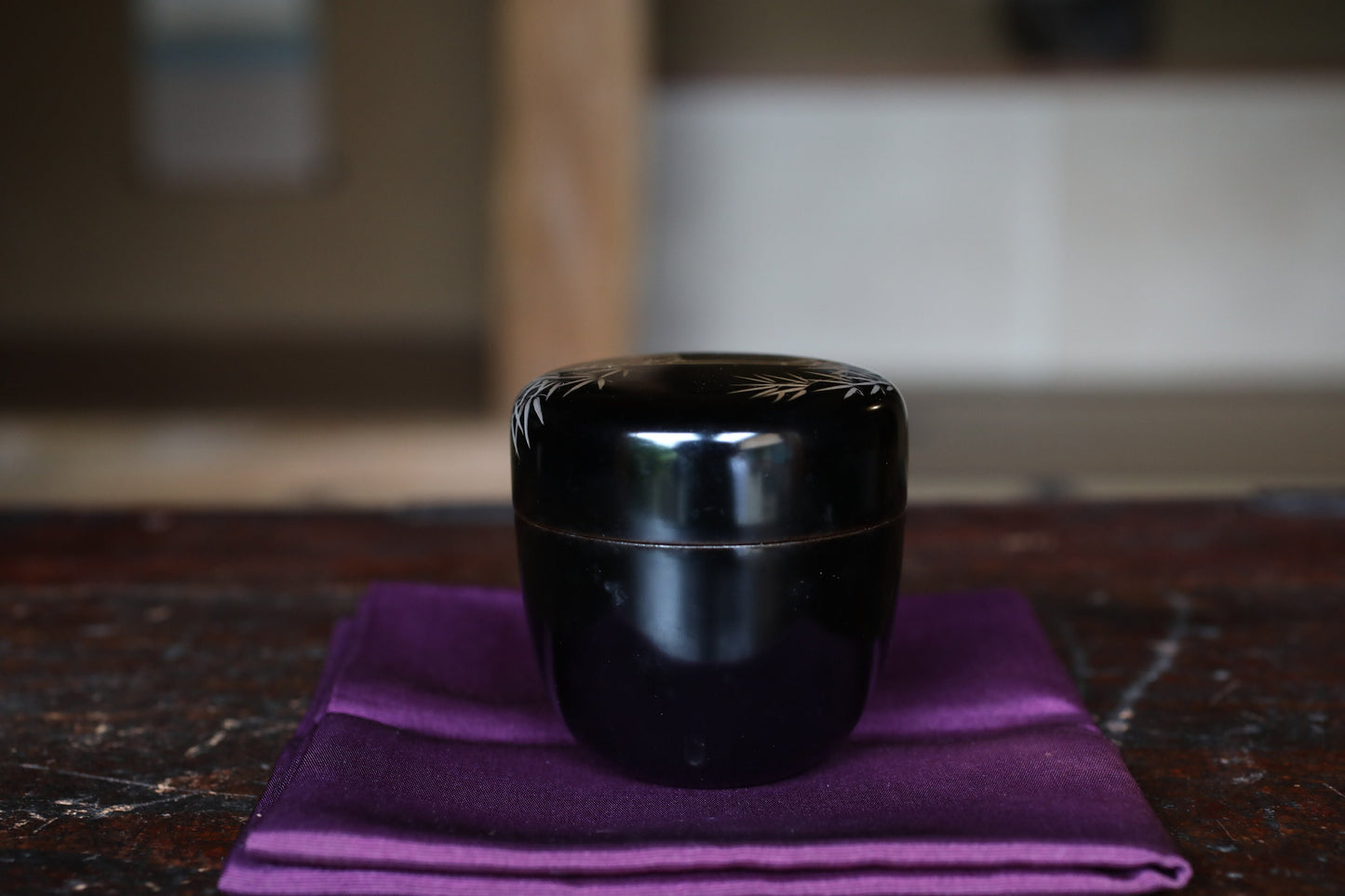 Japanese antique "matcha" green tea caddy with gold makie bamboo, "棗 natsume", for tea ceremony, wooden lacquer, H2.6x2.6in