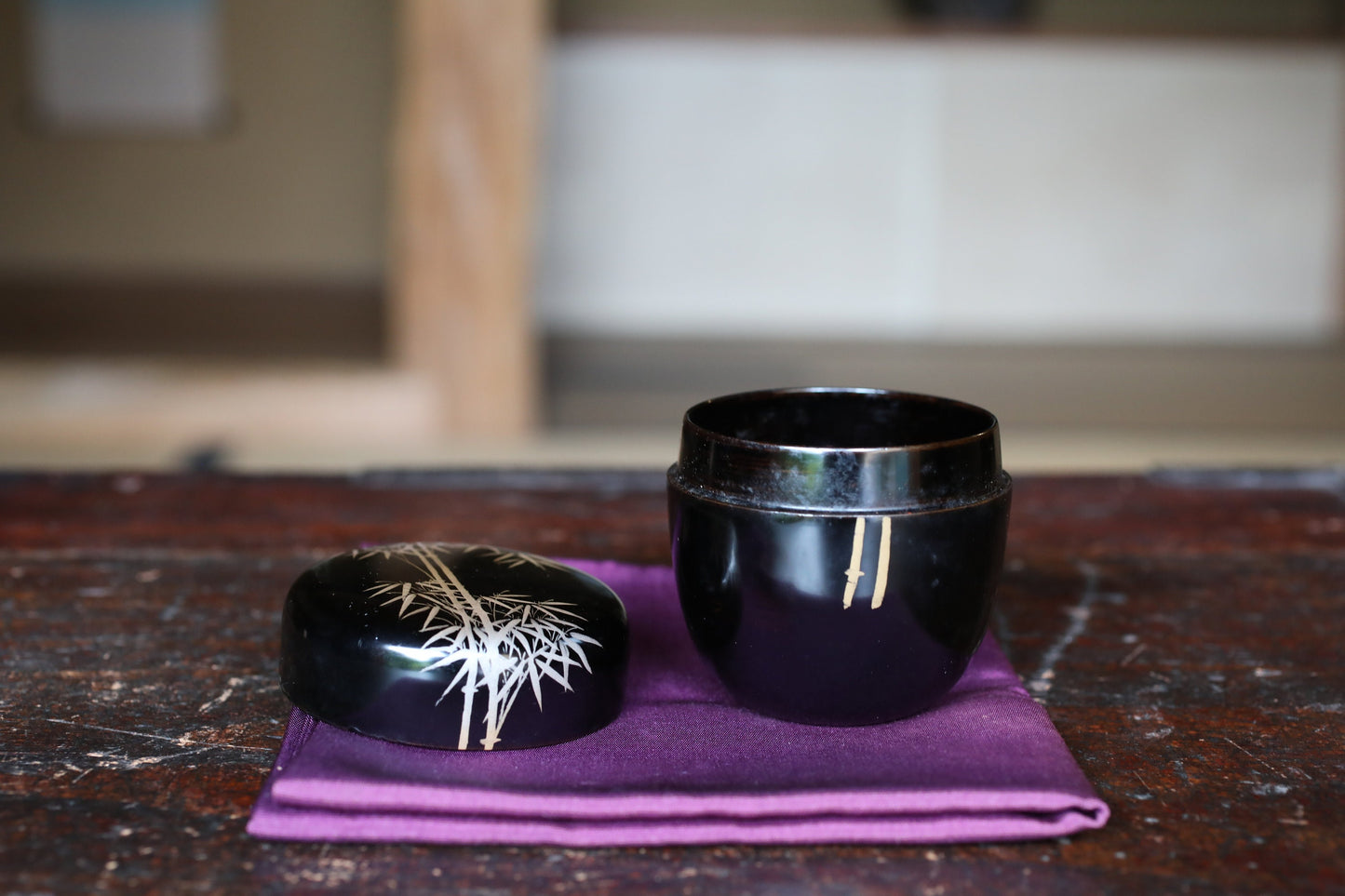 Japanese antique "matcha" green tea caddy with gold makie bamboo, "棗 natsume", for tea ceremony, wooden lacquer, H2.6x2.6in