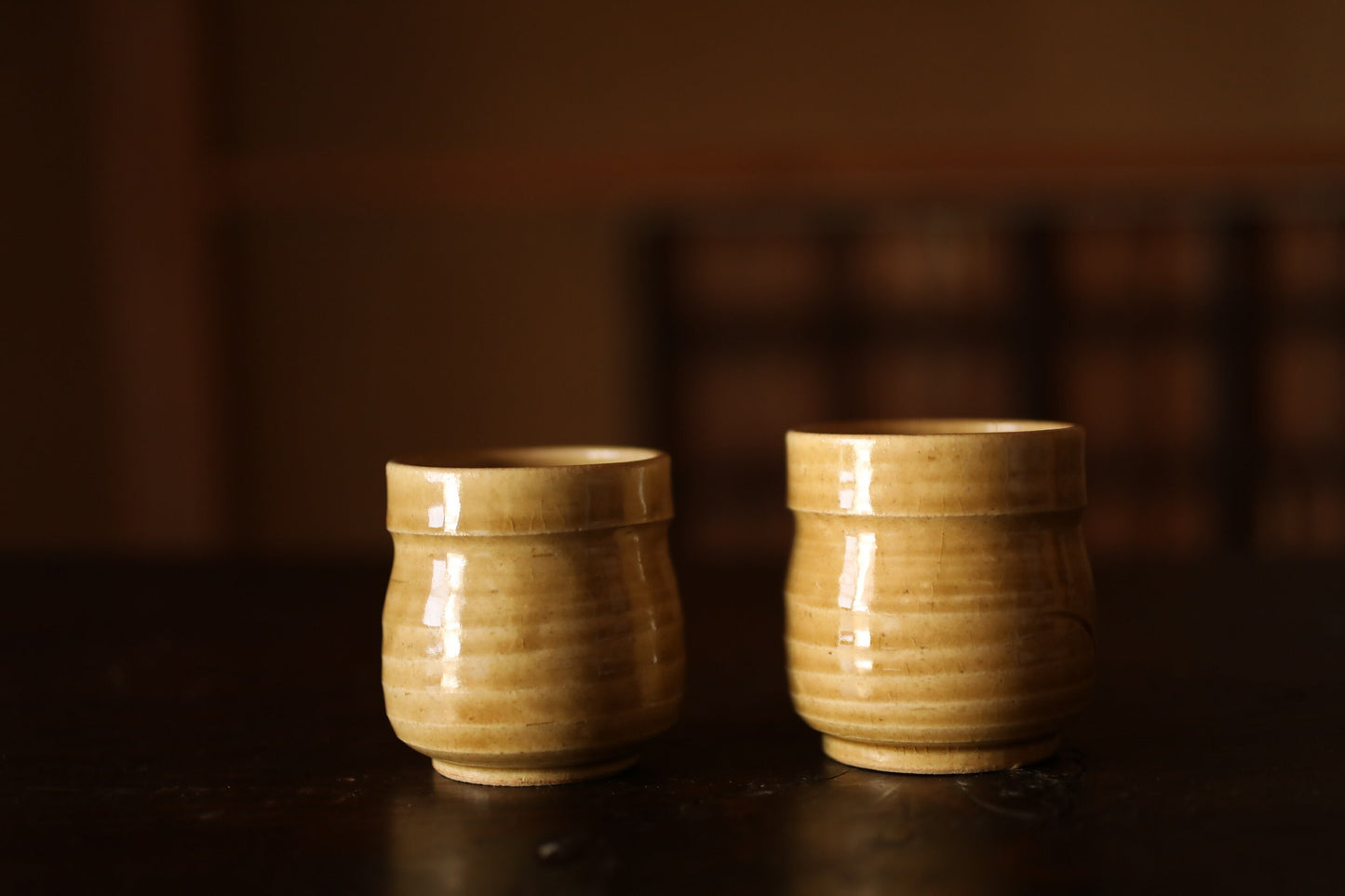 Pair couple Tea Cup Japanese vintage ceramic KISETO kiln ware, plant simple design, with Kanji wooden box For GIFT H2.8in/H7.1cm